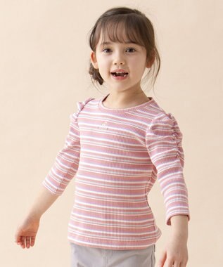 ANY KIDS 七分袖 テレコボーダー Tシャツ ピンク系