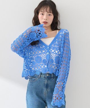 earth music&ecology クロシェ風Ｖネックカーディガン Blue