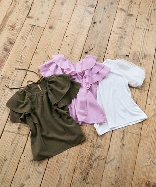 Feroux 【汗ジミが目立たない・洗える】チュール袖パフスリーブ Tシャツ ホワイト系