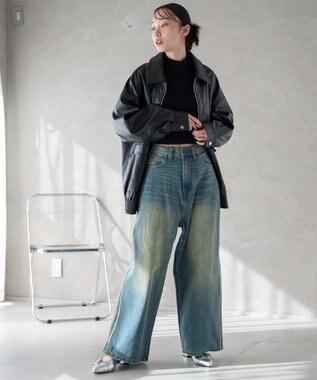 WEGO サイドラインワイドデニムパンツ デニム中濃加工色