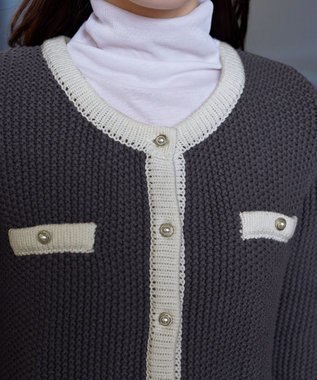 Tiaclasse 【洗える】ミドル丈配色ノーカラーニットジャケット チャコールグレー