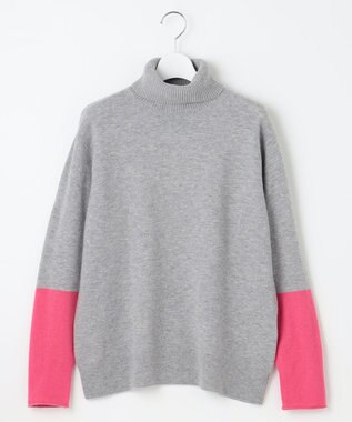 自由区 【洗える】セミウーステッドウールタートルネック ニット ライトグレー×ピンク