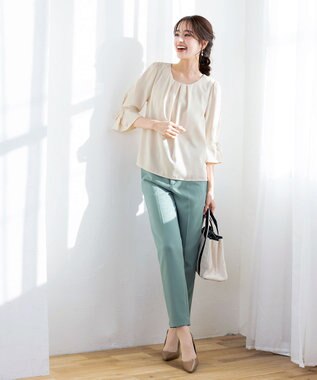 Tiaclasse 【洗える】リボン付きタックフレア袖ブラウス アイボリー