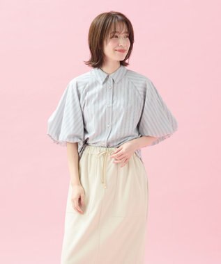 ANY 【接触冷感/UVカット/抗菌防臭/速乾】エニイファンクション パフスリーブブラウス ブルーストライプ