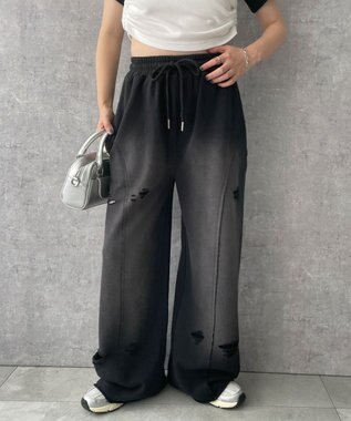 WEGO 【ウエストゴム】ヴィンテージウォッシュスウェットワイドパンツ ブラック