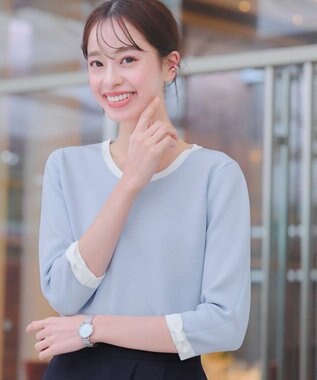  【洗える】リボン袖配色ニットトップス