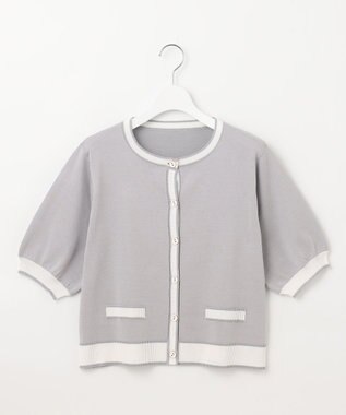 Feroux 【洗える】バイカラーハーフスリーブ カーディガン ライトグレー系