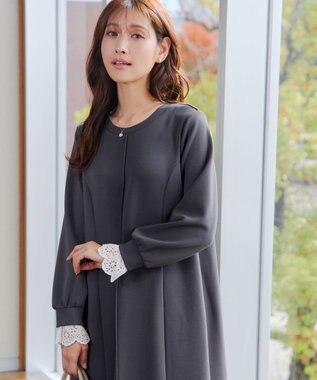 Tiaclasse コットンレースドッキングカットソーワンピース チャコールグレー