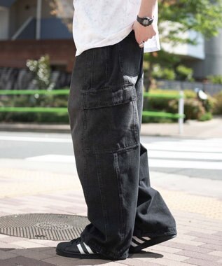 WEGO 【SMLサイズ展開/ウエスト紐】イージー3Dバレルレッグデニムカーゴパンツ デニムブラックソノタ