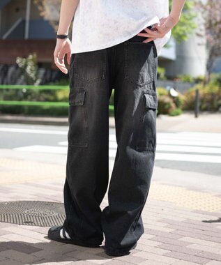 WEGO 【SMLサイズ展開/ウエスト紐】イージー3Dバレルレッグデニムカーゴパンツ デニムブラックソノタ