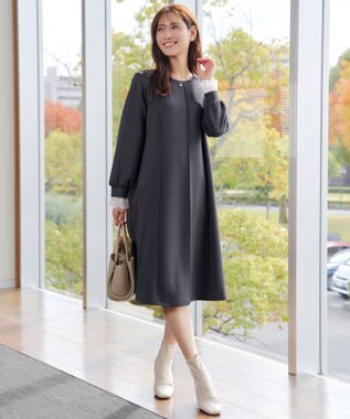 Tiaclasse コットンレースドッキングカットソーワンピース チャコールグレー