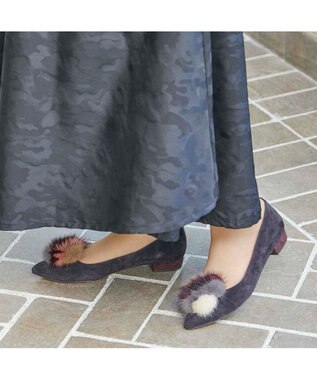 MODE ET JACOMO <MODE ET JACOMO>ファー付ポインテッドトゥフラットパンプス ダークグレースエード