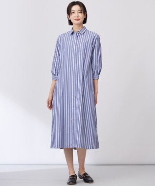 J.PRESS LADIES 【洗える・接触冷感・UVケア】エステネージュ シャツ ワンピース ネイビーストライプ系