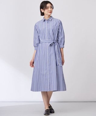 J.PRESS LADIES 【洗える・接触冷感・UVケア】エステネージュ シャツ ワンピース ネイビーストライプ系