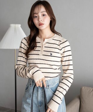 WEGO 【WEB限定/25年秋冬新作】別注USPOLOヘンリーネックニットPO ホワイトボーダー