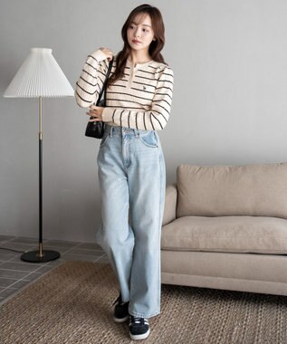 WEGO 【WEB限定/25年秋冬新作】別注USPOLOヘンリーネックニットPO ホワイトボーダー