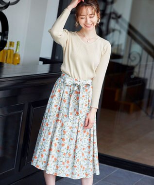 Tiaclasse 【洗える】異素材を組み合わせた花柄リブニットコンビワンピース エクリュ