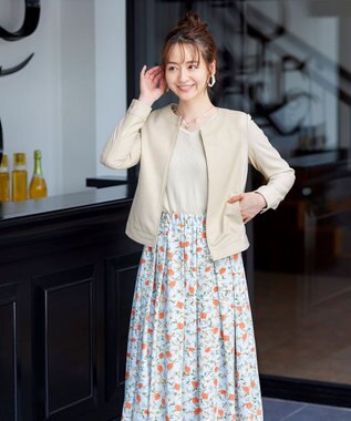 Tiaclasse 【洗える】異素材を組み合わせた花柄リブニットコンビワンピース エクリュ