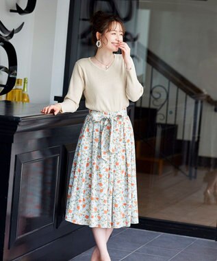 Tiaclasse 【洗える】異素材を組み合わせた花柄リブニットコンビワンピース エクリュ