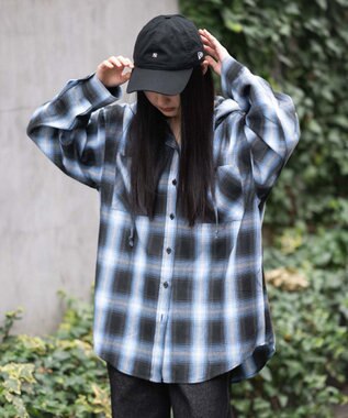 WEGO フードチェックシャツ サックス