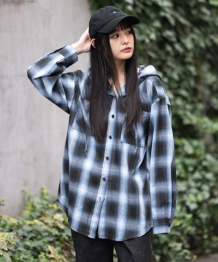 WEGO フードチェックシャツ サックス