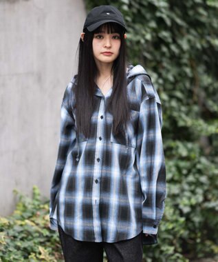 WEGO フードチェックシャツ サックス