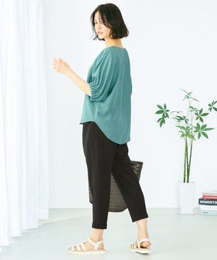 ANY 【洗える】デザインスリーブとろみ ブラウス ターコイズ