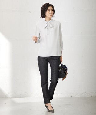 J.PRESS LADIES L 【洗える】ヌーディスバックサテン ボウタイ ブラウス ライトグレー系