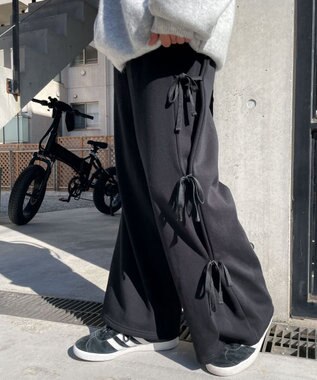 WEGO 【裏起毛】サイドリボンスウェットパンツ ブラック