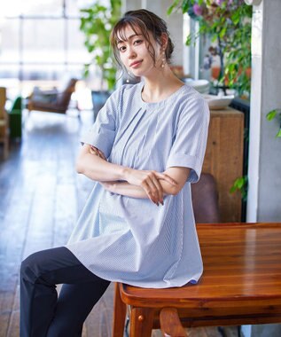 Tiaclasse L 【洗える】バックピンタックフレアチュニックブラウス ネイビーストライプ