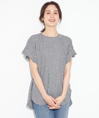 ANY 【洗える】ライトリネンクロスフレアスリーブ ブラウス ギンガム