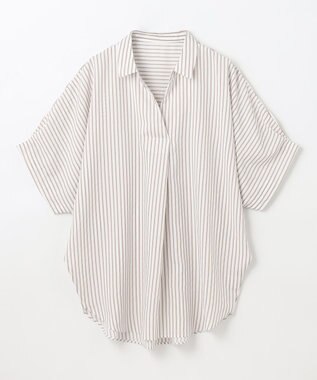 ANY L 【新色追加】スキッパーネック袖タックブラウス ベージュストライプ