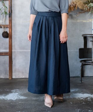 muuc 〈高品質ベルギーリネン100%〉ウエストゴムあり タックデザインワイドパンツ ネイビー