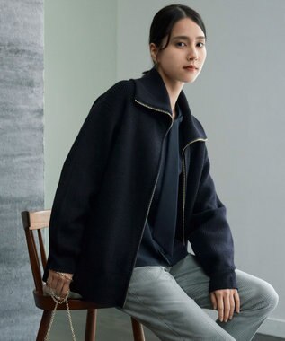 自由区 【洗える】ジップアップニット アウター ネイビー