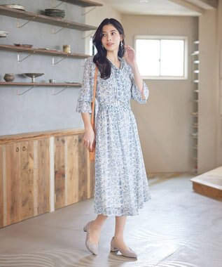 Tiaclasse 【洗える】プリントボウタイ柄ワンピース ブルー