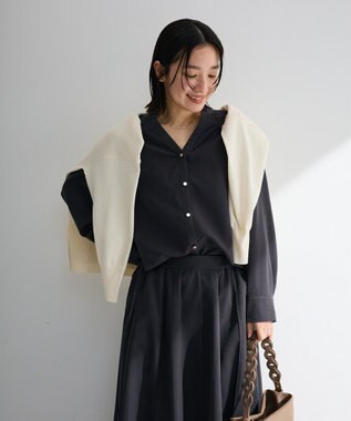 Green Parks ＳＥＴ２点スキッパーブラウス＋プリーツスカート Charcoal Gray