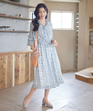 Tiaclasse 【洗える】プリントボウタイ柄ワンピース ブルー