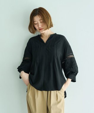 YECCA VECCA レース切替スキッパーブラウス Black