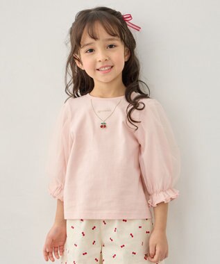 ANY KIDS チュール袖 七分Tシャツ ピンク
