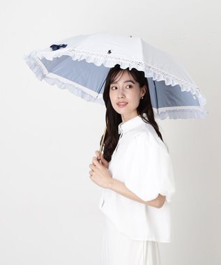 MOONBAT 【遮光/晴雨兼用日傘】POLO RALPH LAUREN(ポロ ラルフローレン) ストライプフリル 折りたたみ傘 楽折 遮熱 UV スカイブルー