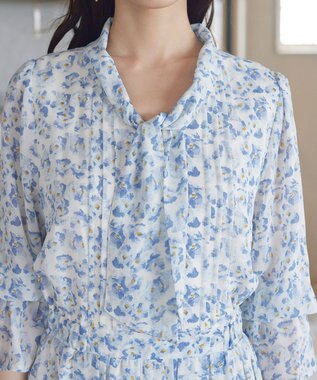 Tiaclasse 【洗える】プリントボウタイ柄ワンピース ブルー