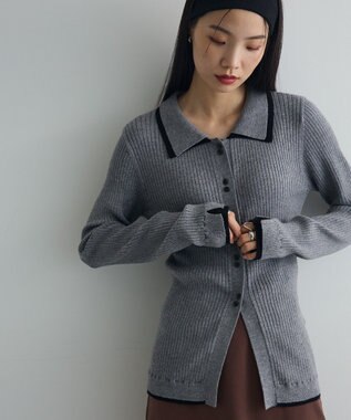 Green Parks 配色レイヤードポロリブニットカーディガン Gray Mixture