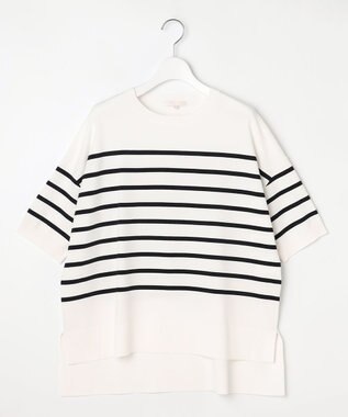 自由区 【接触冷感・UVカット・WEB限定カラーあり】クレープストレッチプルオーバー ニット [新色]オフ×ネイビー(ラメ)