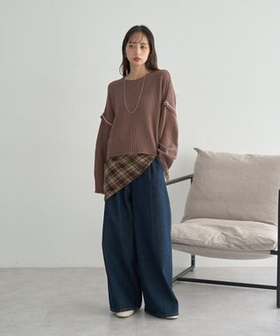 earth music&ecology チェックスカーフ Brown