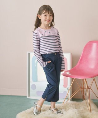 組曲 KIDS 【150-160㎝】フラワー刺繍ボーダー Tシャツ サクラ系