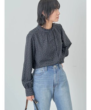 Green Parks ＢＰ　ケア楽　スタンドフリルブラウス Dot Black