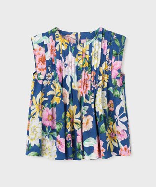 GRACE CONTINENTAL フラワープリントタックブラウス ブルー