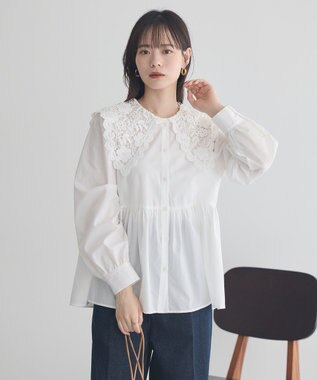 earth music&ecology 【コットン混】レース襟フレアヘムブラウス Off White