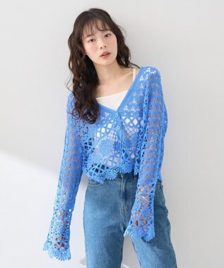 earth music&ecology クロシェ風Ｖネックカーディガン Blue