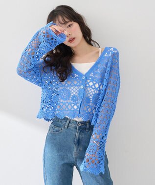 earth music&ecology クロシェ風Ｖネックカーディガン Blue